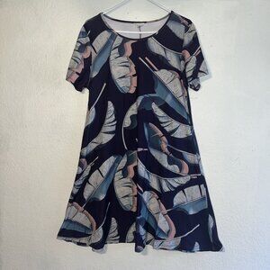 YELETE Women's XL Dress Navy Blue Leaf Print Polyester Spandex